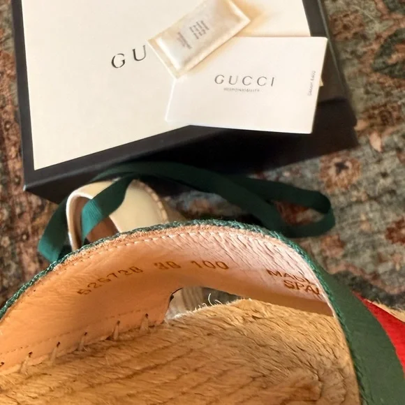 GUCCI Sherry Web Stripe Espadrille Wedges | Ankle Wrap | EU 38 (US 7.5–8) - Picture 4 of 9